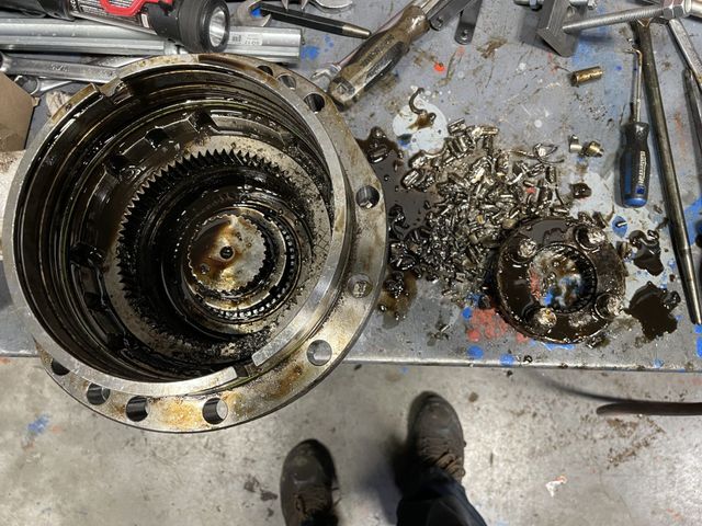 Disassembled fork lift parts.